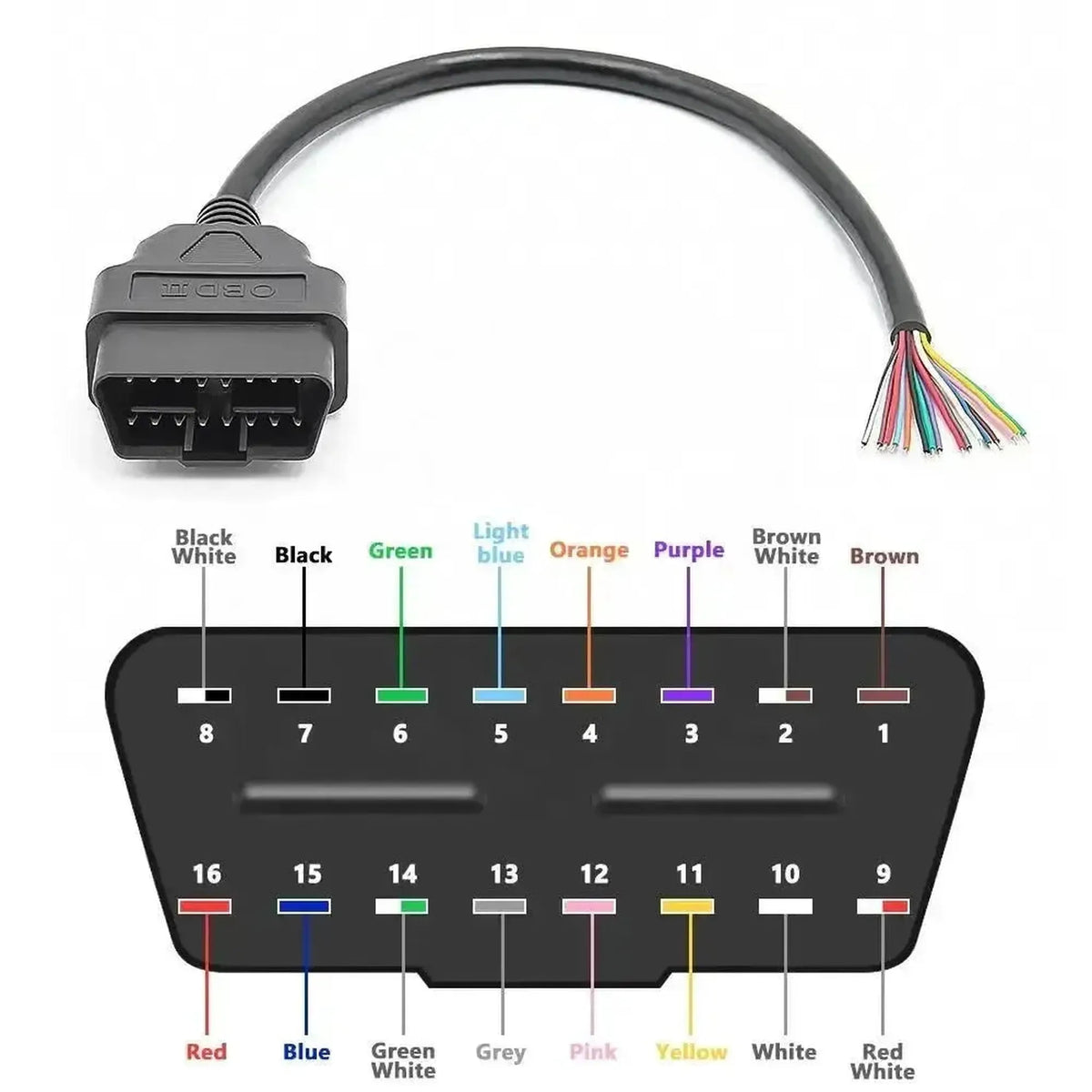 16kolíkový OBD2 konektor (zástrčka) s 16 otevřenými vodičovými konci (30 cm) | Příslušenství